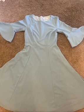 Soft Blue Fit-and-Flare Long Sleeve Dress with Bell Cuffs